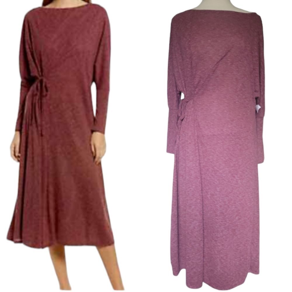 COZY LONG SLEEVE KNIT WRAP DRESS IN RED SYRAH HEATHER - S